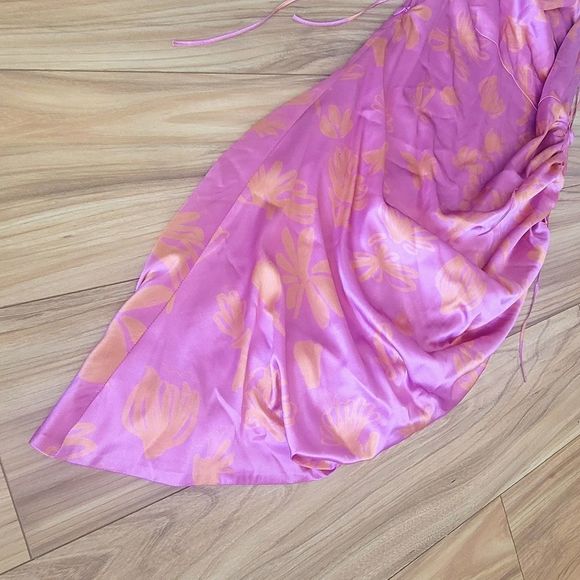 Bogdar Queeny Ruched Silk Stretch Satin Midi Slip Dress in Pink Floral - Picture 7 of 13